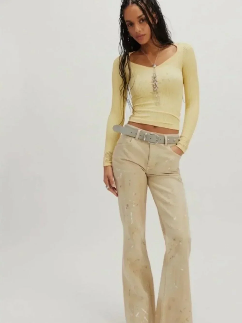 Free People Women's Dynamic Duo Long Sleeve Top In Double Butter-Size M/L   NWT